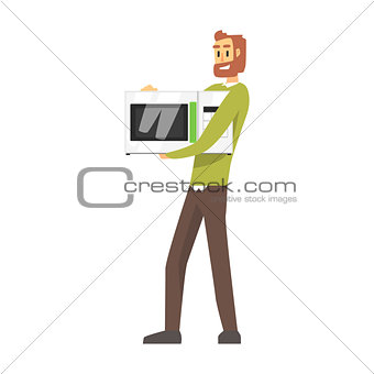 Man Holding Microwave Oven, Department Store Shopping For Domestic Equipment And Electronic Objects For Home