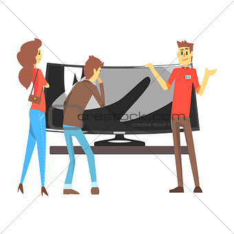 Couple Choosing Wide TV With Shop Assistant Help, Department Store Shopping For Domestic Equipment And Electronic Objects For Home