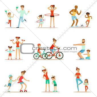 Parent And Child Doing Sportive Exercises And Sport Training Together Having Fun Set Of Scenes
