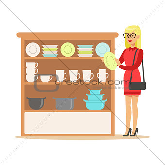 Woman Choosing Tableware, Smiling Shopper In Furniture Shop Shopping For House Decor Elements