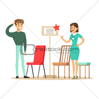 Store Seller Showing Chair Assortment To Man, Smiling Shopper In Furniture Shop Shopping For House Decor Elements