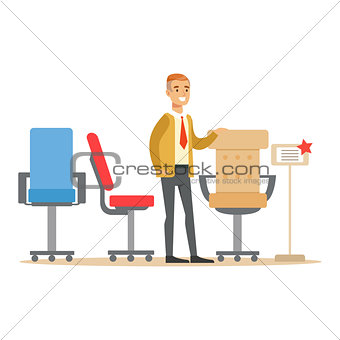 Man Choosing Comfortable Office Armchair, Smiling Shopper In Furniture Shop Shopping For House Decor Elements