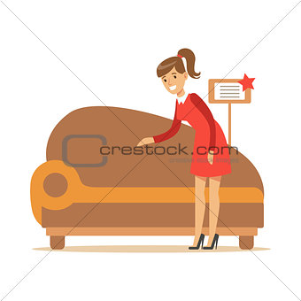 Woman Buying Classy Brown Sofa, Smiling Shopper In Furniture Shop Shopping For House Decor Elements
