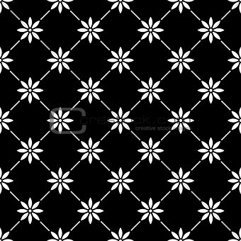Geometric seamless white pattern in with flowers on black background