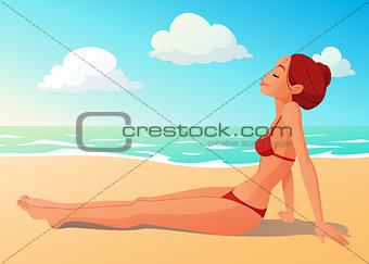 Tanned young woman having sunbath on the beach vector illustration.