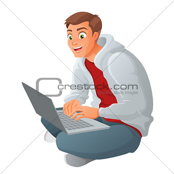 Young business man with laptop sitting on floor. Cartoon vector illustration isolated on white background.