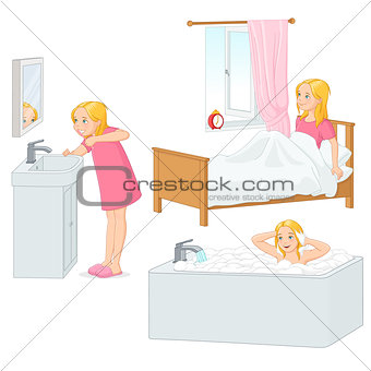 Girl doing her morning routine vector illustration