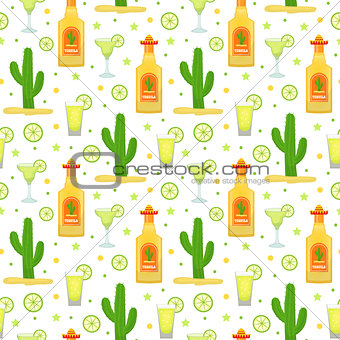 Cinco de Mayo seamless pattern with tequila and cactus. Mexican holiday endless background, texture. Vector illustration.