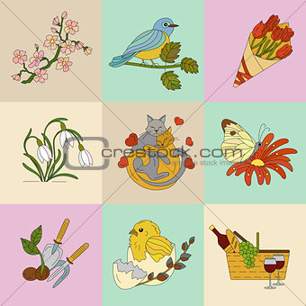 Spring thin line colored vector icons.