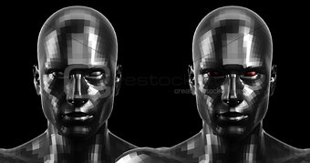 3d rendering. Two faceted black android heads looking front on camera