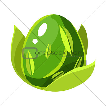 Green Natural Plant Force Egg With Leaf Pattern, Fantastic Natural Element Egg-Shaped Bright Color Vector Icon