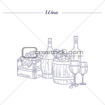 Wine Bottle, Glass And Crate Of Grapes Hand Drawn Realistic Sketch