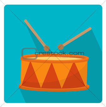 Drum a musical instrument icon flat style with long shadows, isolated on white background. Vector illustration.