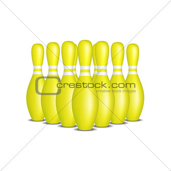 Bowling pins in yellow design with white stripes standing in formation