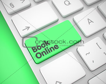 Book Online - Inscription on Green Keyboard Button. 3D.