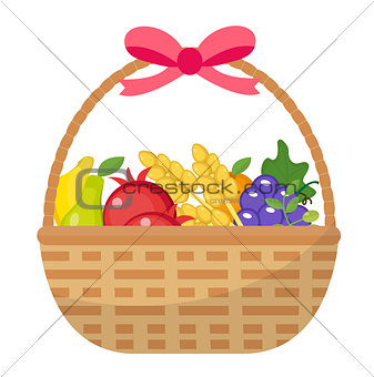 Fruit Basket icon, flat, cartoon style. Jewish holiday Shavuot, food concept. Pomegranate, grapes, wheat, olives. Isolated on white background. Vector illustration, clip-art.