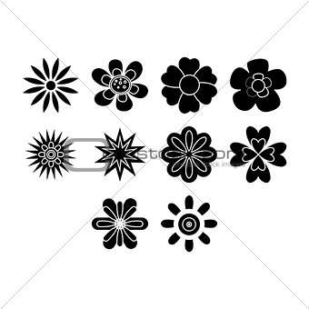Flat black flowers icon set