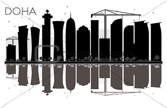 Doha City skyline black and white silhouette with reflections.