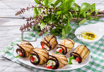 Vegetarian Eggplant Rolls with feta cheese, tomatoes, basil and