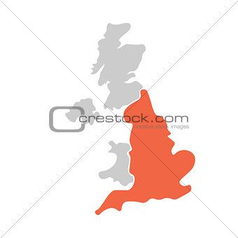 Simplified hand-drawn blank map of United Kingdom of Great Britain and Northern Ireland, UK. Divided to four countries with England red highlighted. Simple flat vector illustration