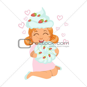 Small girl sitting and laughing in a marshmallow cap, holding a souffle in her hands, a colorful character