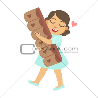 Happy little girl carring a big chocolate bar, a colorful character