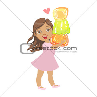 Little girl carring a colorful citrus jelly, a colorful character