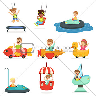 Children ride on attractions in the amusement park, set for label design. Cartoon detailed colorful Illustrations