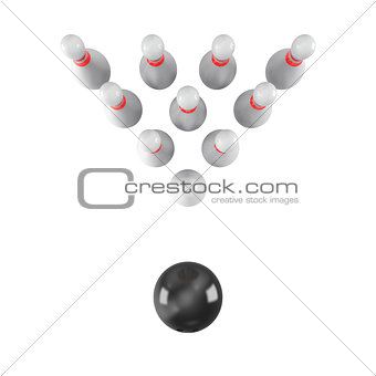 Bowling Ball crashing into the pins on white background. 3D rendering