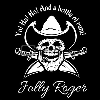 Pirates Jolly Roger symbol. Vector poster of skull with pirate eye patch, crossed bones and swords or sabers. Black flag for entertainment party decor, alcohol drink bar or pub emblem or sign
