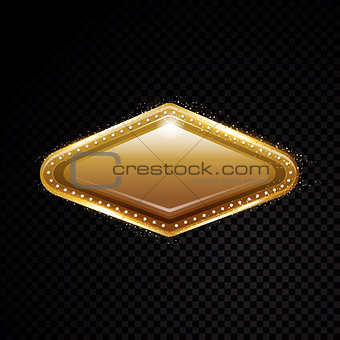 Vector Vegas golden frame. Shining banner. Isolated on black transparent background. Vector illustration