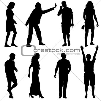 Black silhouette group of people standing in various poses