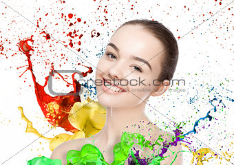 Beautiful woman cute smile with color paint splash