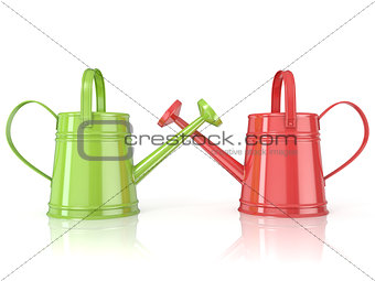 Two green and red 3D renders watering can