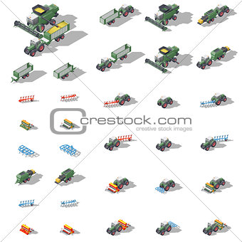 Agricultural machinery isometric icon set