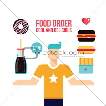 Young man and fast food icons set