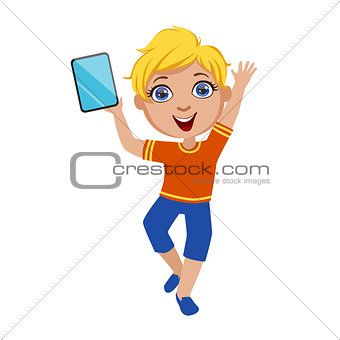 Boy Dancing Holding Tablet, Part Of Kids And Modern Gadgets Series Of Vector Illustrations