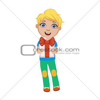 Boy Holding Present, Part Of Kids At The Birthday Party Set Of Cute Cartoon Characters With Celebration Attributes