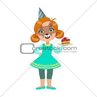 Girl In Cat Mask With Cake Piece, Part Of Kids At The Birthday Party Set Of Cute Cartoon Characters With Celebration Attributes