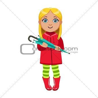 Girl In Red Coat With Umbrella, Kid In Autumn Clothes In Fall Season Enjoyingn Rain And Rainy Weather, Splashes And Puddles