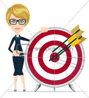 Business woman holding target with arrow.