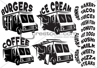 Set of vector mobile shop, vans, food trucks with various inscriptions