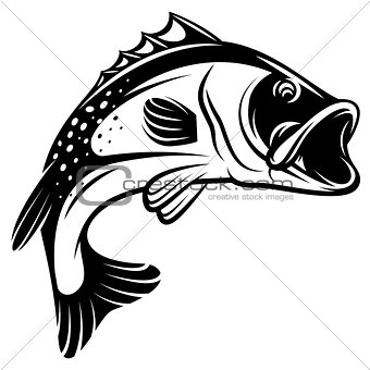 Vector monochrome illustration of bass with fins, tail and open mouth