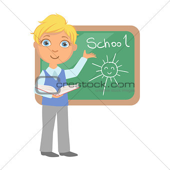 Schoolboy standing near the blackboard and writing, a colorful character isolated on a white background