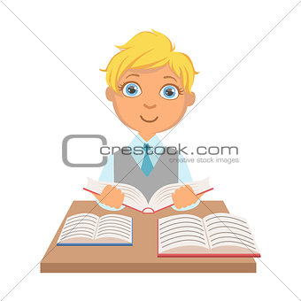 Elementary school student sitting at the desk and reading a book, a colorful character