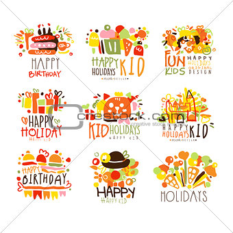 Happy Child Holiday Colorful Graphic Design Template Logo Series,Hand Drawn Vector Stencils