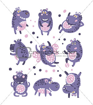 Stylized Hippo With Polka-Dotted Pattern Collection Of Childish Stickers Or Prints Of Friendly Toy Animal In Violet And Blue Color