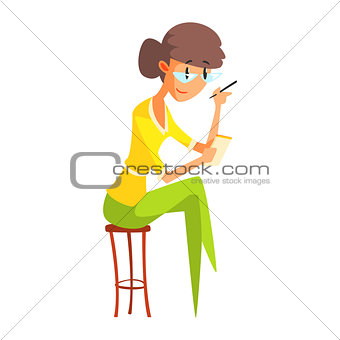 Journalist In Glasses Taking Notes, Official Press Reporter Working, Collecting Information And Making News, Part Of Journalism Set Of Illustrations