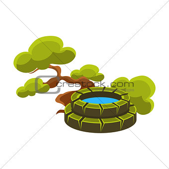 Green Tree And Well, Bonsai Miniature Traditional Japanese Garden Landscape Element Vector Illustration