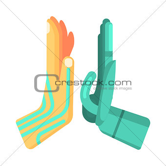Metal And Humanized Android Hands Giving High Five To Each Other, Part Of Futuristic Robotic And IT Science Series Of Cartoon Icons